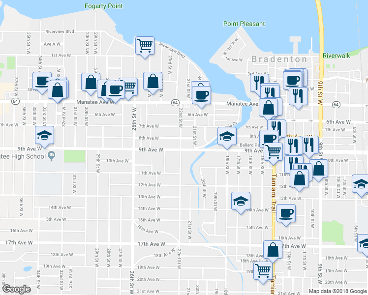 map of restaurants, bars, coffee shops, grocery stores, and more near 820 21st Street West in Bradenton