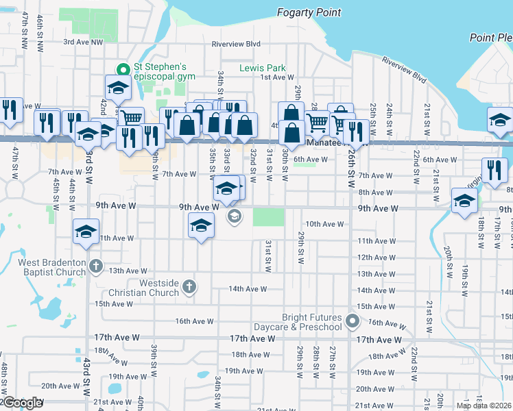 map of restaurants, bars, coffee shops, grocery stores, and more near 3102 9th Avenue West in Bradenton