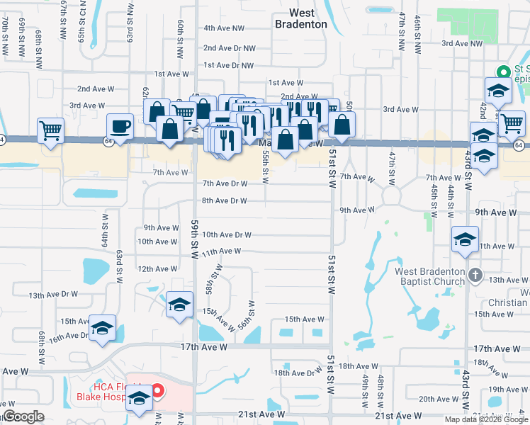 map of restaurants, bars, coffee shops, grocery stores, and more near 5316 9th Avenue Drive West in Bradenton