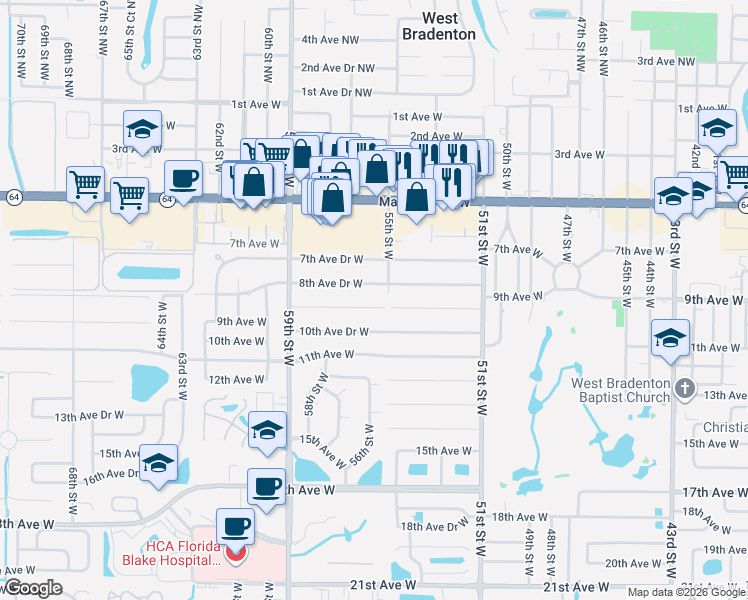 map of restaurants, bars, coffee shops, grocery stores, and more near 5518 9th Avenue Drive West in Bradenton