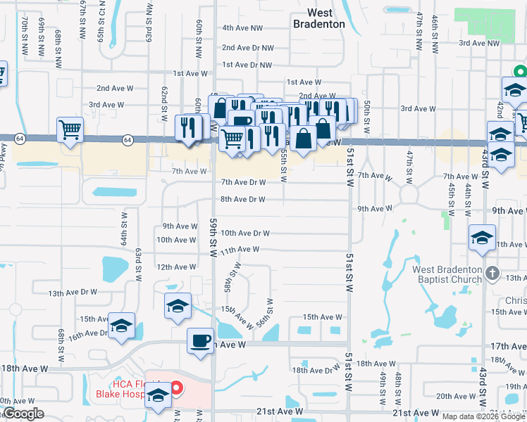 map of restaurants, bars, coffee shops, grocery stores, and more near 5518 9th Avenue Drive West in Bradenton