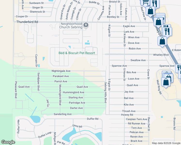map of restaurants, bars, coffee shops, grocery stores, and more near 461 Nightingale Avenue in Sebring