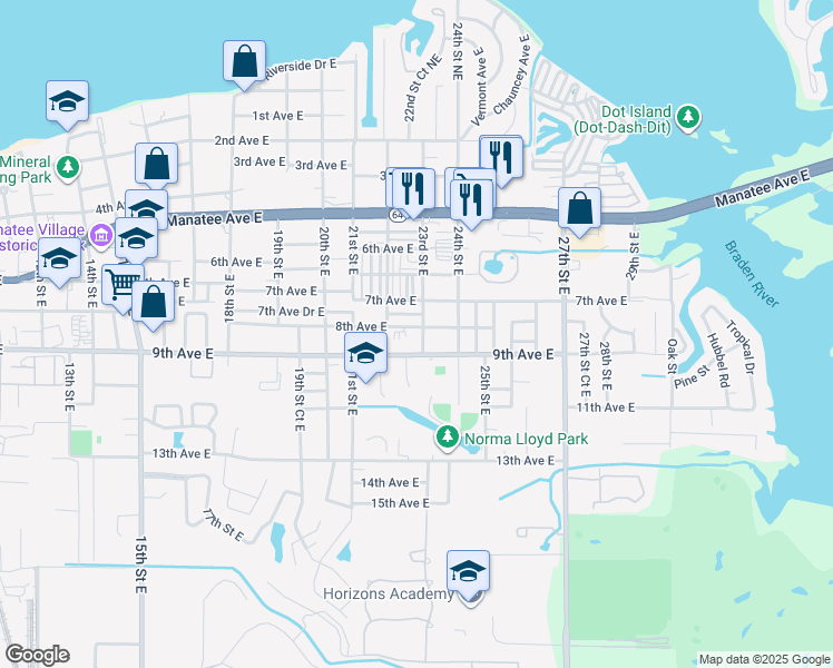 map of restaurants, bars, coffee shops, grocery stores, and more near 802 23rd Street East in Bradenton