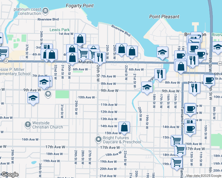 map of restaurants, bars, coffee shops, grocery stores, and more near 2402 9th Avenue West in Bradenton