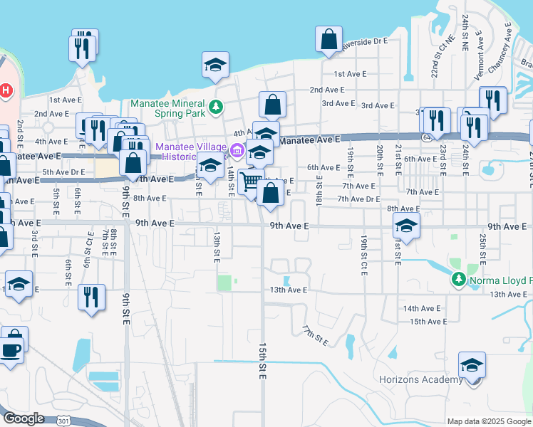 map of restaurants, bars, coffee shops, grocery stores, and more near 825 15th Street East in Bradenton