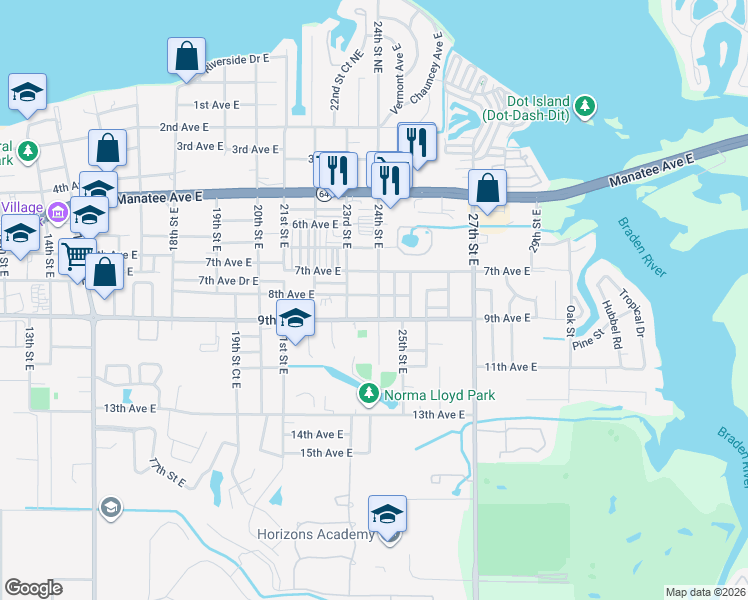 map of restaurants, bars, coffee shops, grocery stores, and more near 802 24th Street East in Bradenton