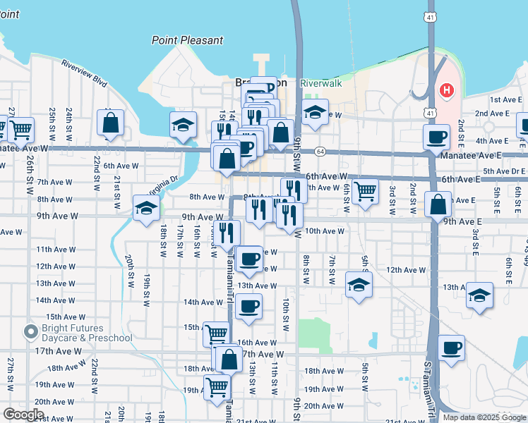 map of restaurants, bars, coffee shops, grocery stores, and more near 821 12th Street West in Bradenton