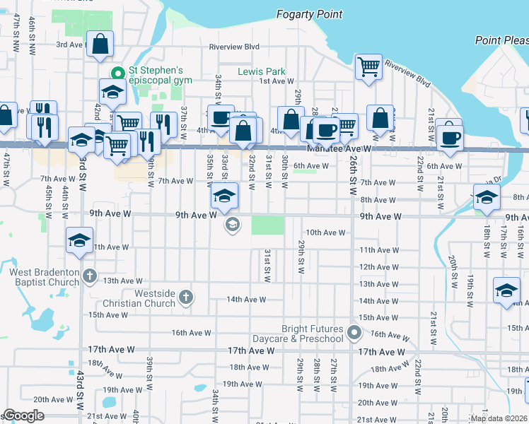 map of restaurants, bars, coffee shops, grocery stores, and more near 3102 9th Avenue West in Bradenton