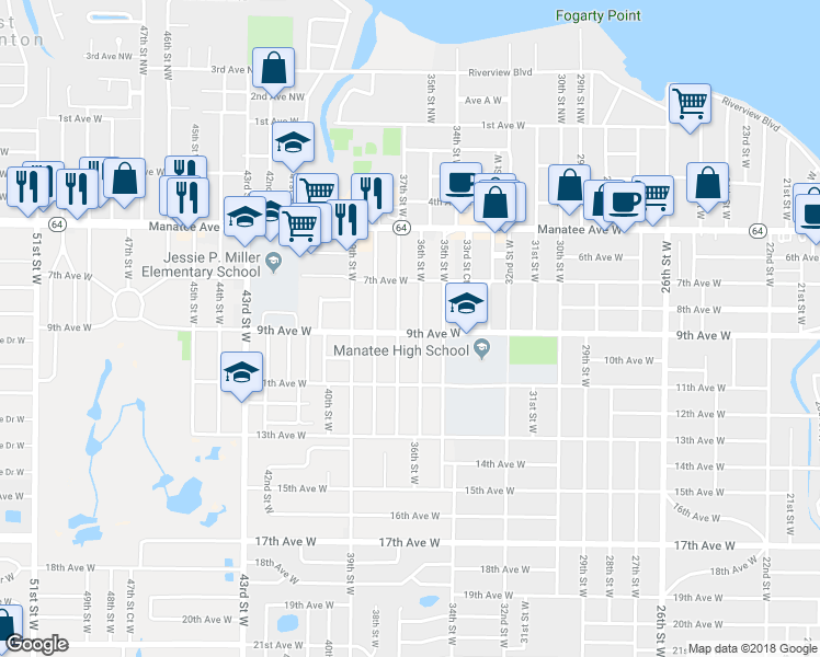 map of restaurants, bars, coffee shops, grocery stores, and more near 3604 9th Avenue West in Bradenton