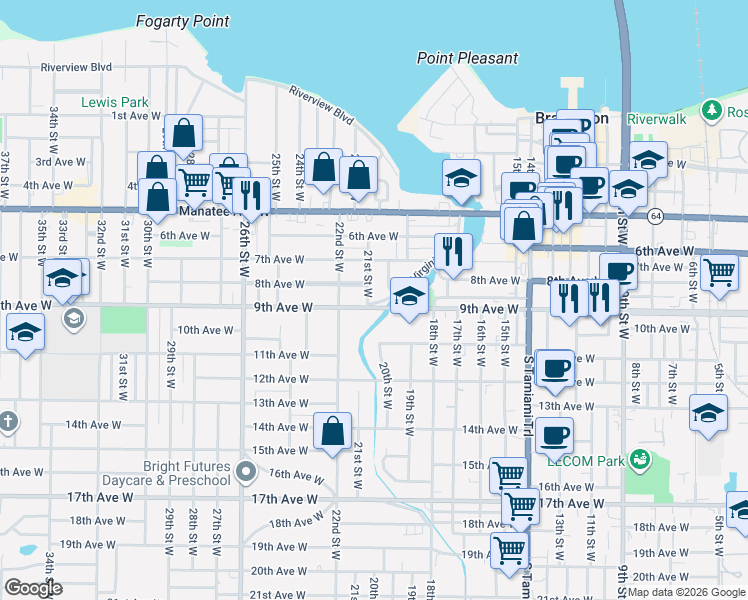 map of restaurants, bars, coffee shops, grocery stores, and more near 2112 9th Avenue West in Bradenton