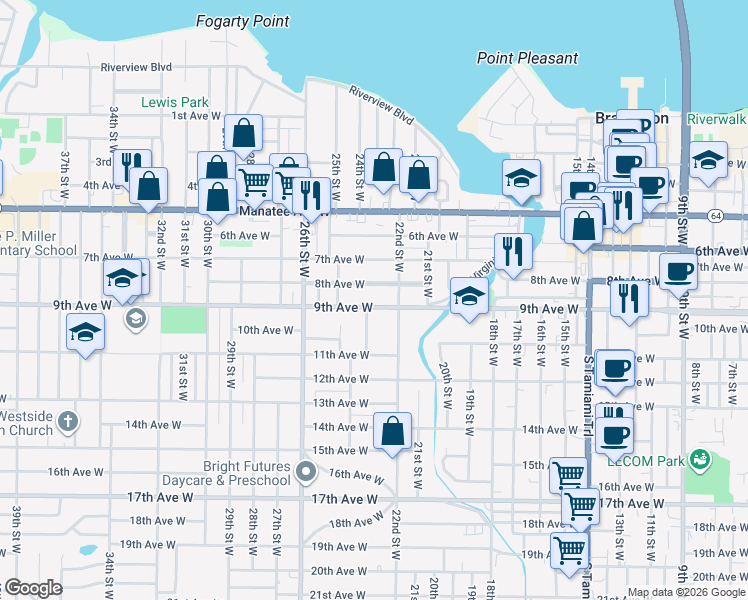 map of restaurants, bars, coffee shops, grocery stores, and more near 2216 9th Avenue West in Bradenton