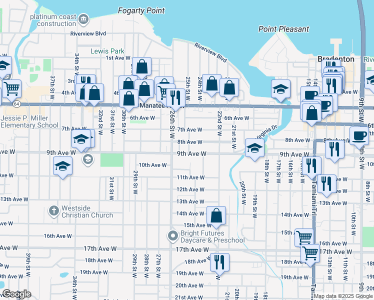 map of restaurants, bars, coffee shops, grocery stores, and more near 2402 9th Avenue West in Bradenton