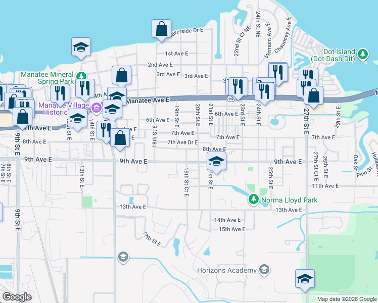 map of restaurants, bars, coffee shops, grocery stores, and more near 805 19th Street Court East in Bradenton