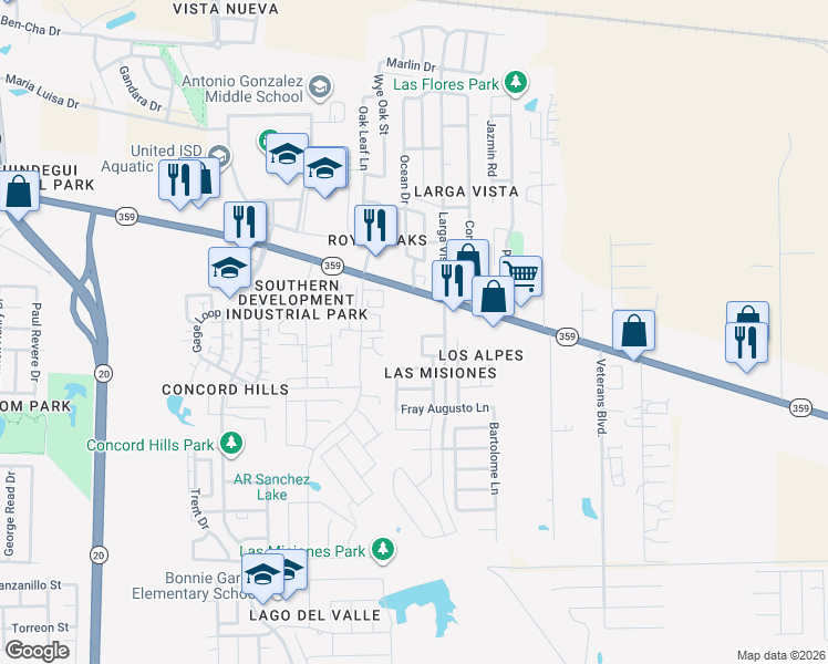 map of restaurants, bars, coffee shops, grocery stores, and more near 6018 Catedral Loop in Laredo