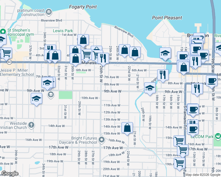 map of restaurants, bars, coffee shops, grocery stores, and more near 814 25th Street West in Bradenton