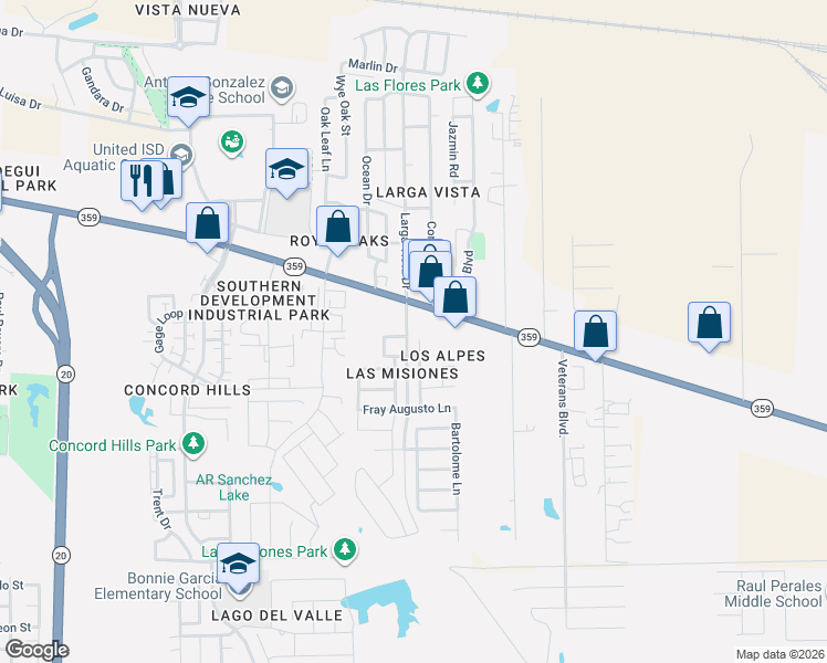 map of restaurants, bars, coffee shops, grocery stores, and more near 6001 Catedral Loop in Laredo