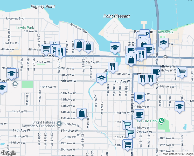 map of restaurants, bars, coffee shops, grocery stores, and more near 2000 Virginia Drive in Bradenton