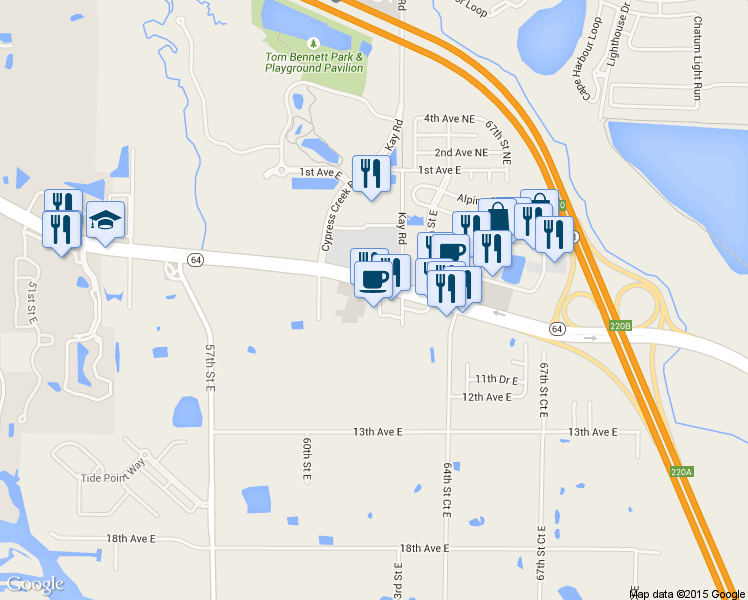 map of restaurants, bars, coffee shops, grocery stores, and more near 812 62nd Street Circle East in Bradenton