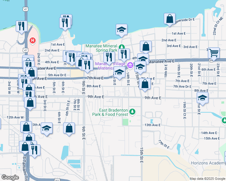 map of restaurants, bars, coffee shops, grocery stores, and more near 1131 Martin Luther King Avenue East in Bradenton