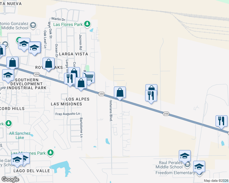 map of restaurants, bars, coffee shops, grocery stores, and more near 5782 Texas 359 in Laredo