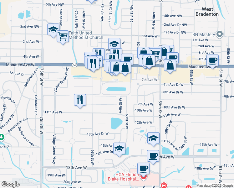 map of restaurants, bars, coffee shops, grocery stores, and more near 902 64th Street West in Bradenton
