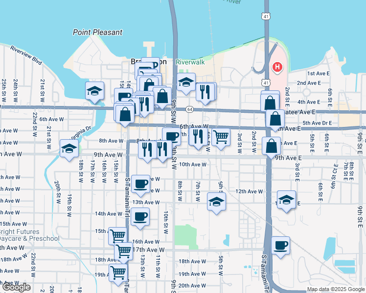 map of restaurants, bars, coffee shops, grocery stores, and more near 818 9th Street West in Bradenton
