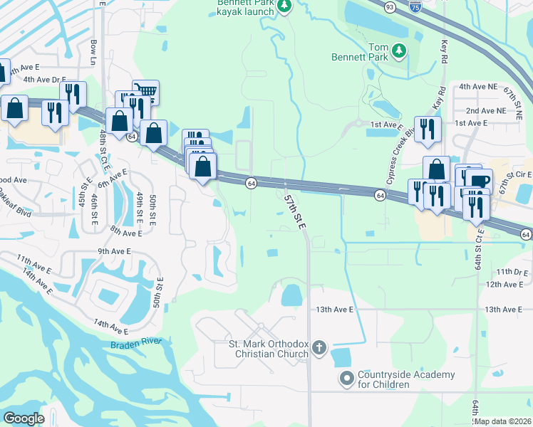 map of restaurants, bars, coffee shops, grocery stores, and more near 812 57th Street East in Bradenton
