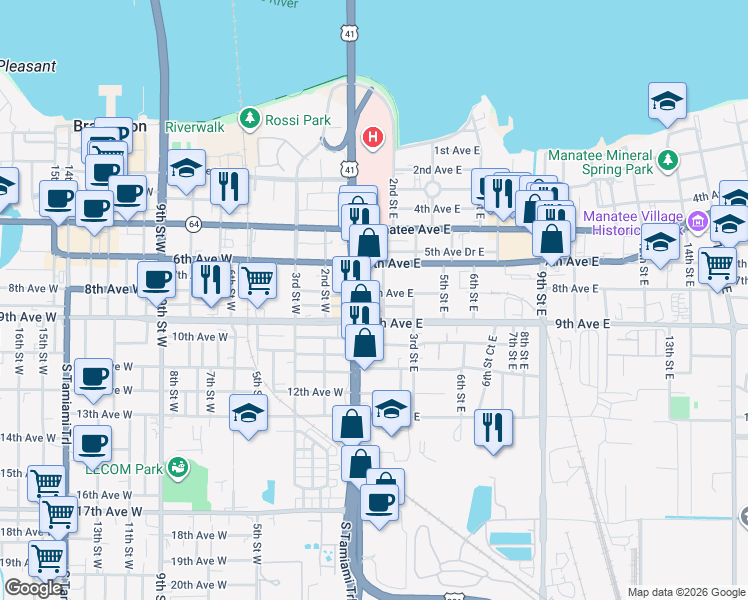 map of restaurants, bars, coffee shops, grocery stores, and more near 203 9th Avenue East in Bradenton
