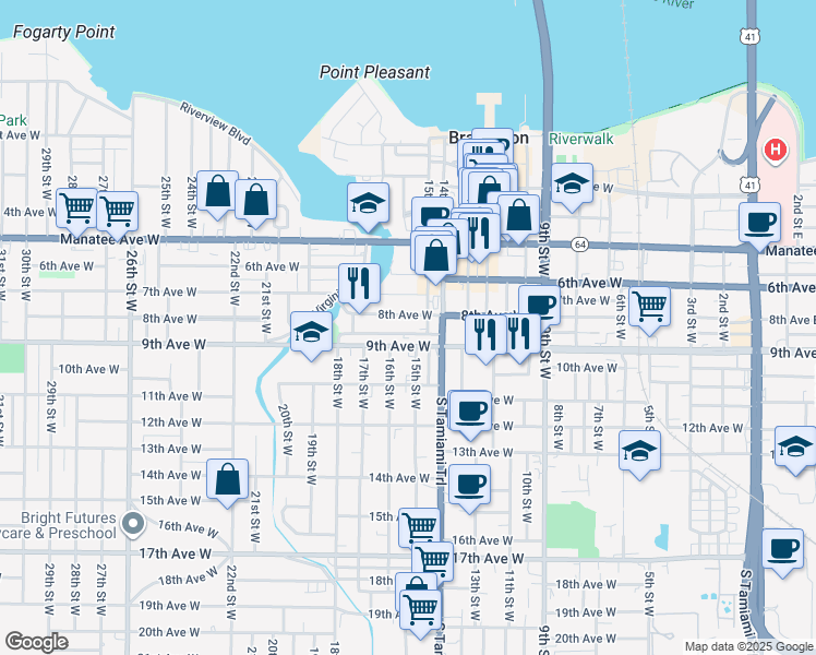 map of restaurants, bars, coffee shops, grocery stores, and more near 1525 Ballard Park Drive in Bradenton