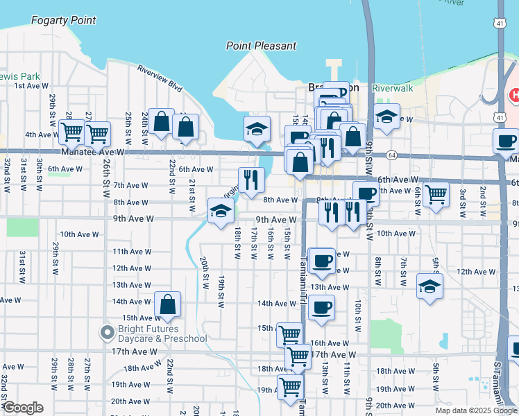 map of restaurants, bars, coffee shops, grocery stores, and more near 1619 Ballard Park Drive in Bradenton