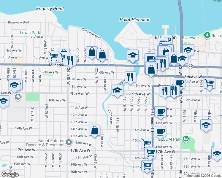 map of restaurants, bars, coffee shops, grocery stores, and more near 2000 Virginia Drive in Bradenton