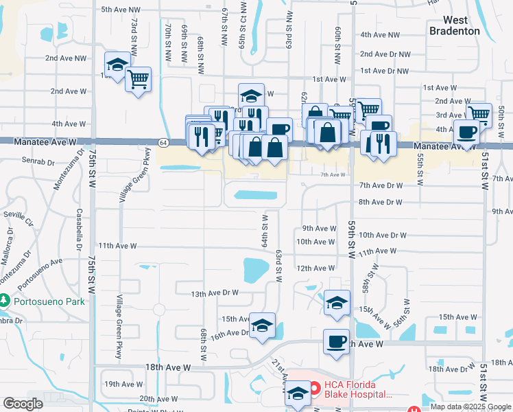 map of restaurants, bars, coffee shops, grocery stores, and more near 902 64th Street West in Bradenton