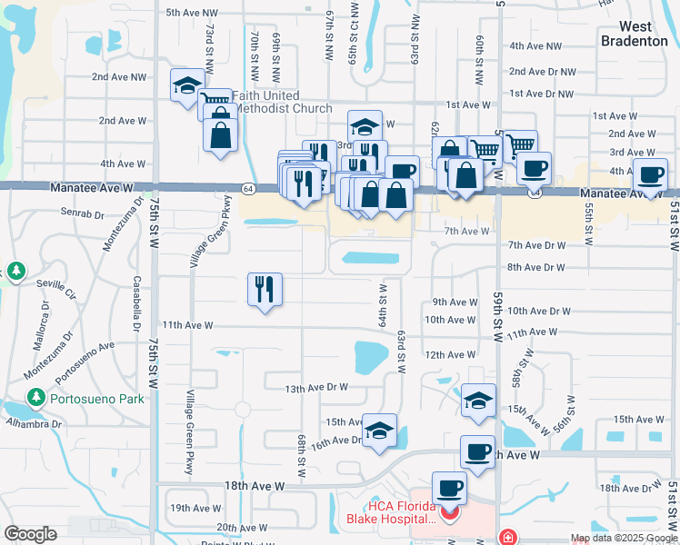 map of restaurants, bars, coffee shops, grocery stores, and more near 6517 9th Avenue West in Bradenton