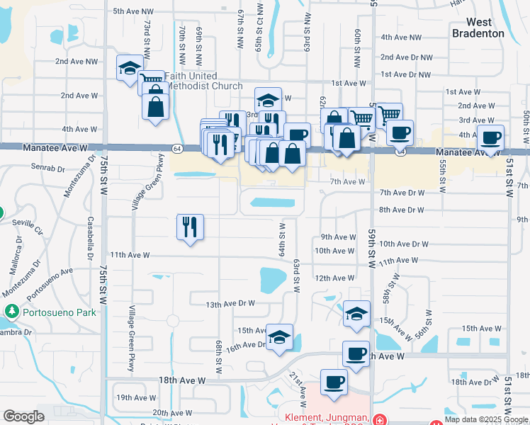 map of restaurants, bars, coffee shops, grocery stores, and more near 6517 9th Avenue West in Bradenton