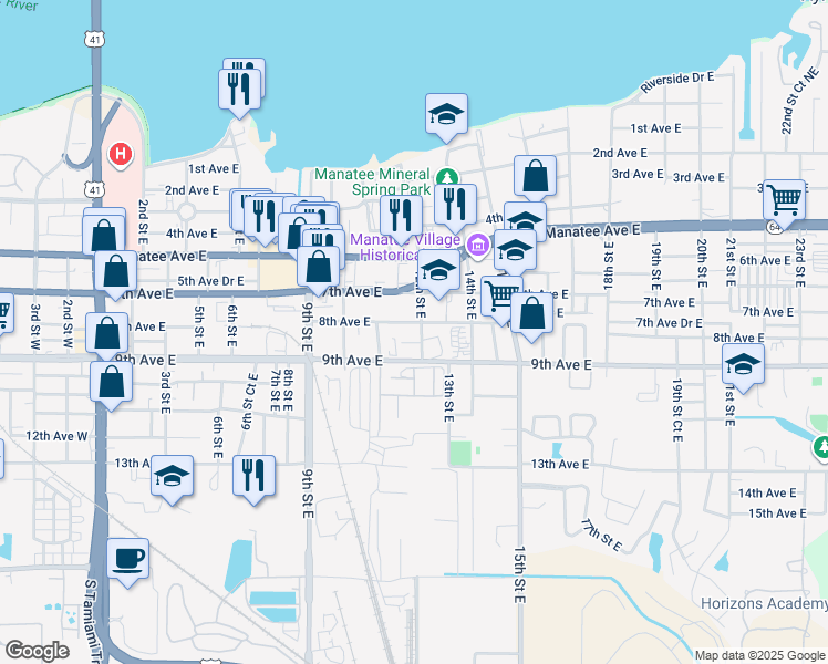 map of restaurants, bars, coffee shops, grocery stores, and more near 1131 Martin Luther King Avenue East in Bradenton