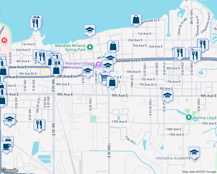 map of restaurants, bars, coffee shops, grocery stores, and more near 825 15th Street East in Bradenton