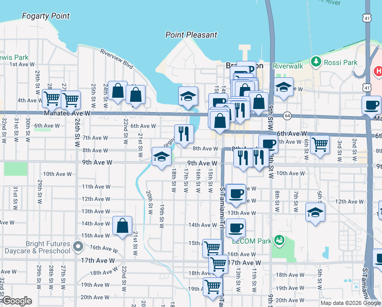 map of restaurants, bars, coffee shops, grocery stores, and more near 1619 Ballard Park Drive in Bradenton
