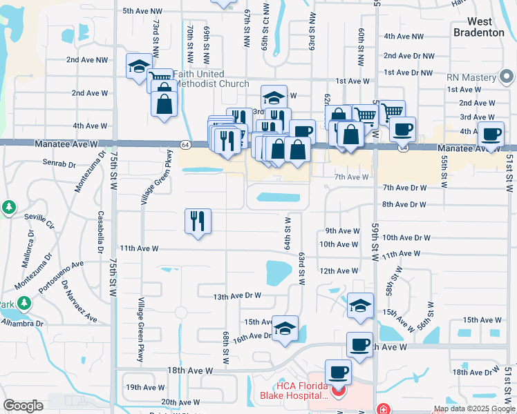 map of restaurants, bars, coffee shops, grocery stores, and more near 6517 9th Avenue West in Bradenton