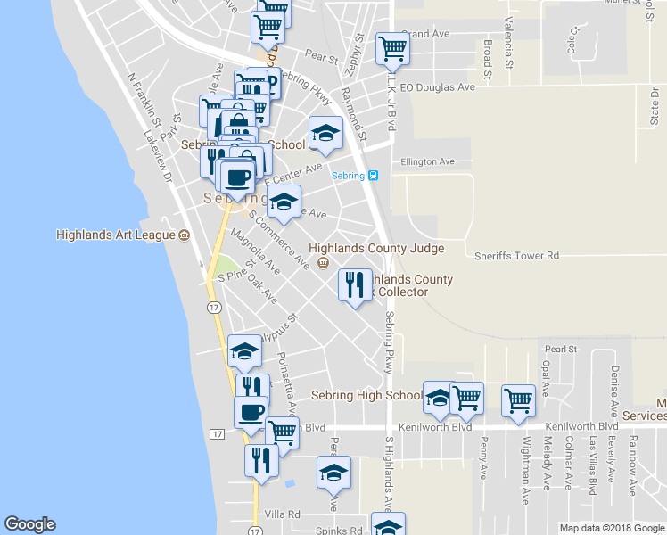 map of restaurants, bars, coffee shops, grocery stores, and more near 411 South Eucalyptus Street in Sebring