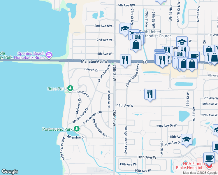 map of restaurants, bars, coffee shops, grocery stores, and more near Casabella Drive in Bradenton