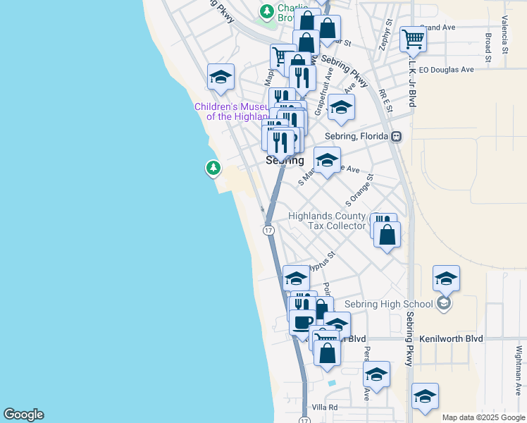 map of restaurants, bars, coffee shops, grocery stores, and more near 309 Lakeview Drive in Sebring