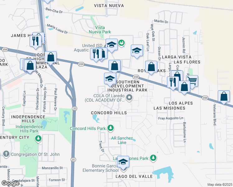 map of restaurants, bars, coffee shops, grocery stores, and more near in Laredo