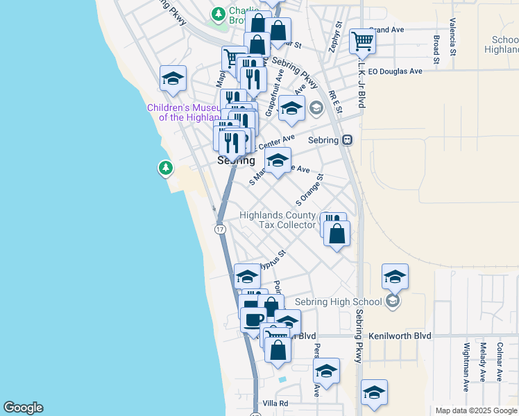 map of restaurants, bars, coffee shops, grocery stores, and more near 531 South Pine Street in Sebring