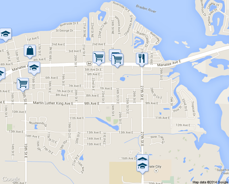 map of restaurants, bars, coffee shops, grocery stores, and more near 2323 7th Avenue East in Bradenton