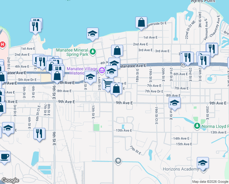 map of restaurants, bars, coffee shops, grocery stores, and more near 1510 7th Avenue East in Bradenton