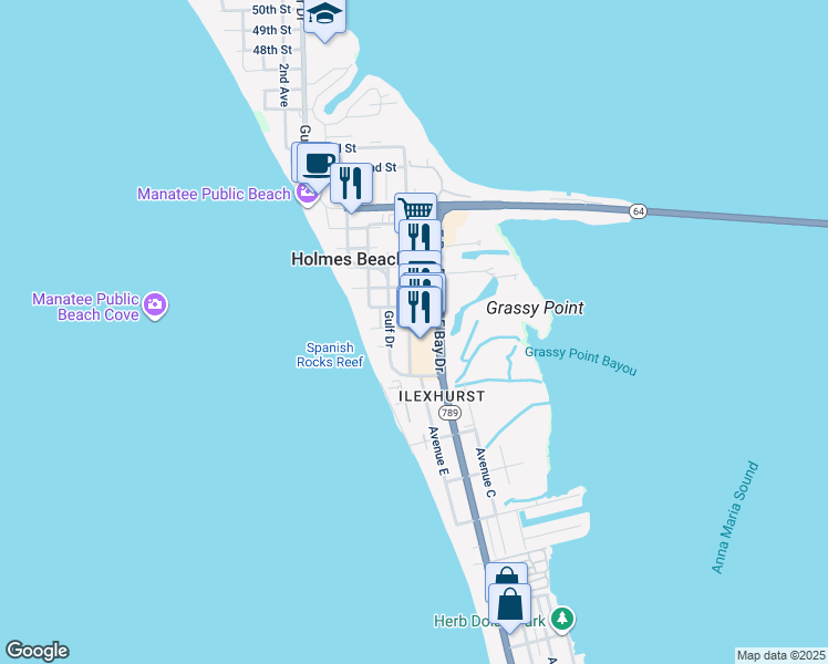 map of restaurants, bars, coffee shops, grocery stores, and more near 3403 6th Avenue in Holmes Beach