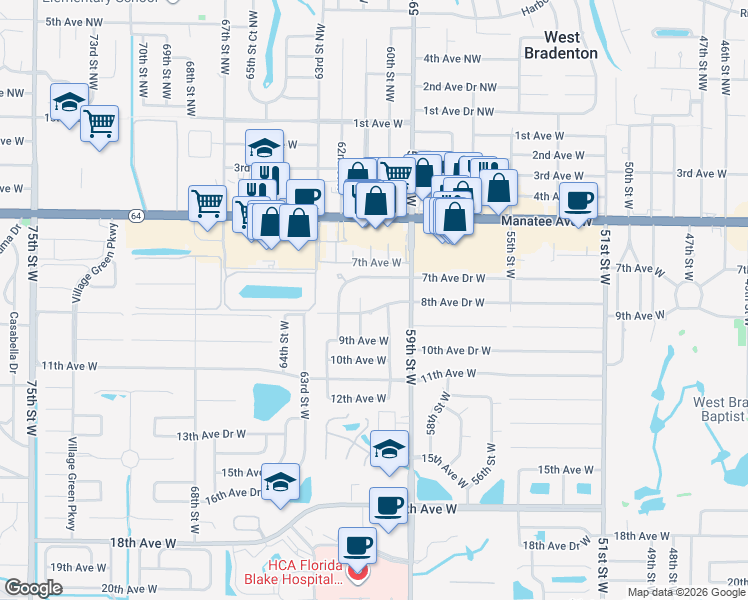 map of restaurants, bars, coffee shops, grocery stores, and more near 6003 7th Avenue Drive West in Bradenton