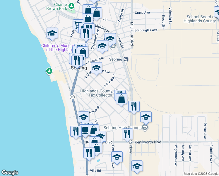 map of restaurants, bars, coffee shops, grocery stores, and more near 430 South Commerce Avenue in Sebring