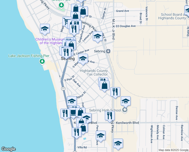 map of restaurants, bars, coffee shops, grocery stores, and more near 430 South Commerce Avenue in Sebring