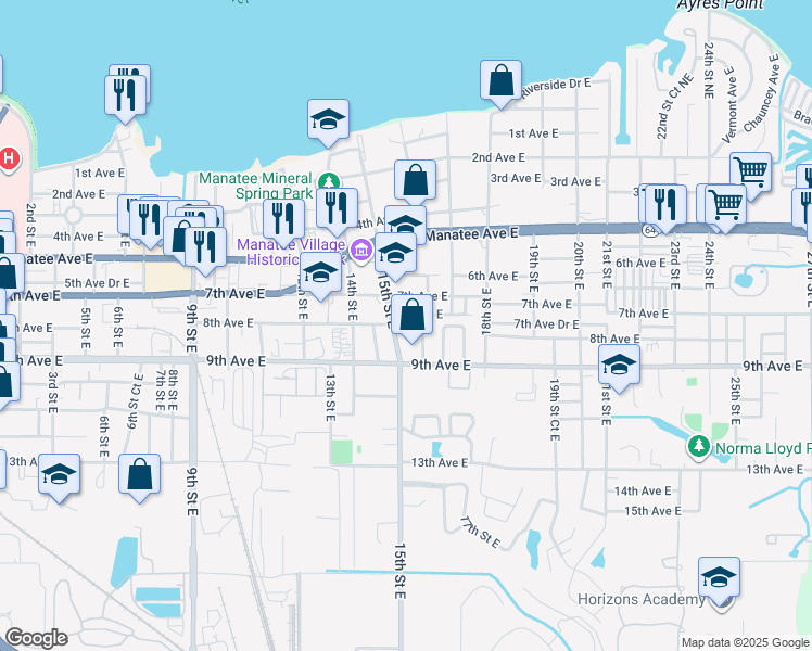 map of restaurants, bars, coffee shops, grocery stores, and more near 1510 7th Avenue East in Bradenton